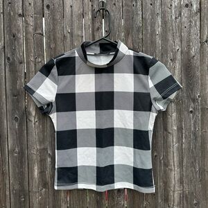 SHEIN Buffalo Plaid Mock Neck Short Sleeve Crop Top in Black/White - Size Small